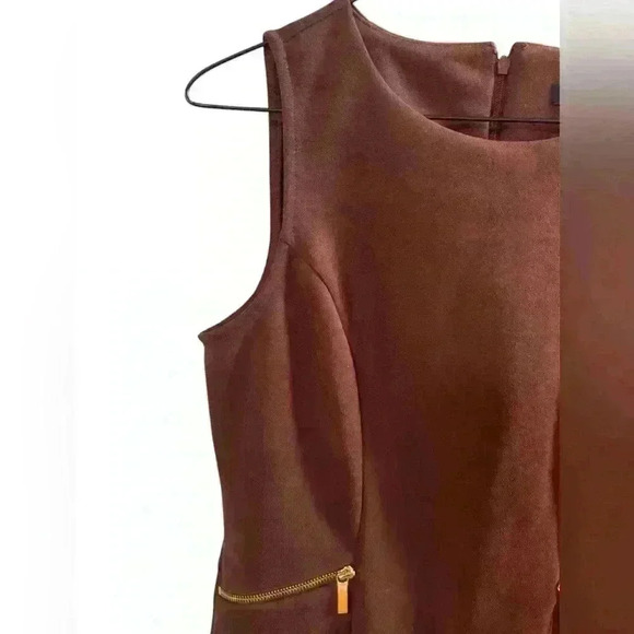 Ann Taylor Faux Suede Brown Knee Length Dress 8P Gold Zipper Pockets Fall - Picture 5 of 7